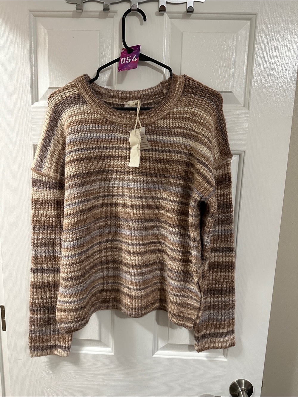 Hem & Thread Ribbed Striped Crewneck Sweater in Brown and Cream